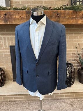 Joseph Abboud mens M Medium blue solid 100% linen 2-button sport coat EUC